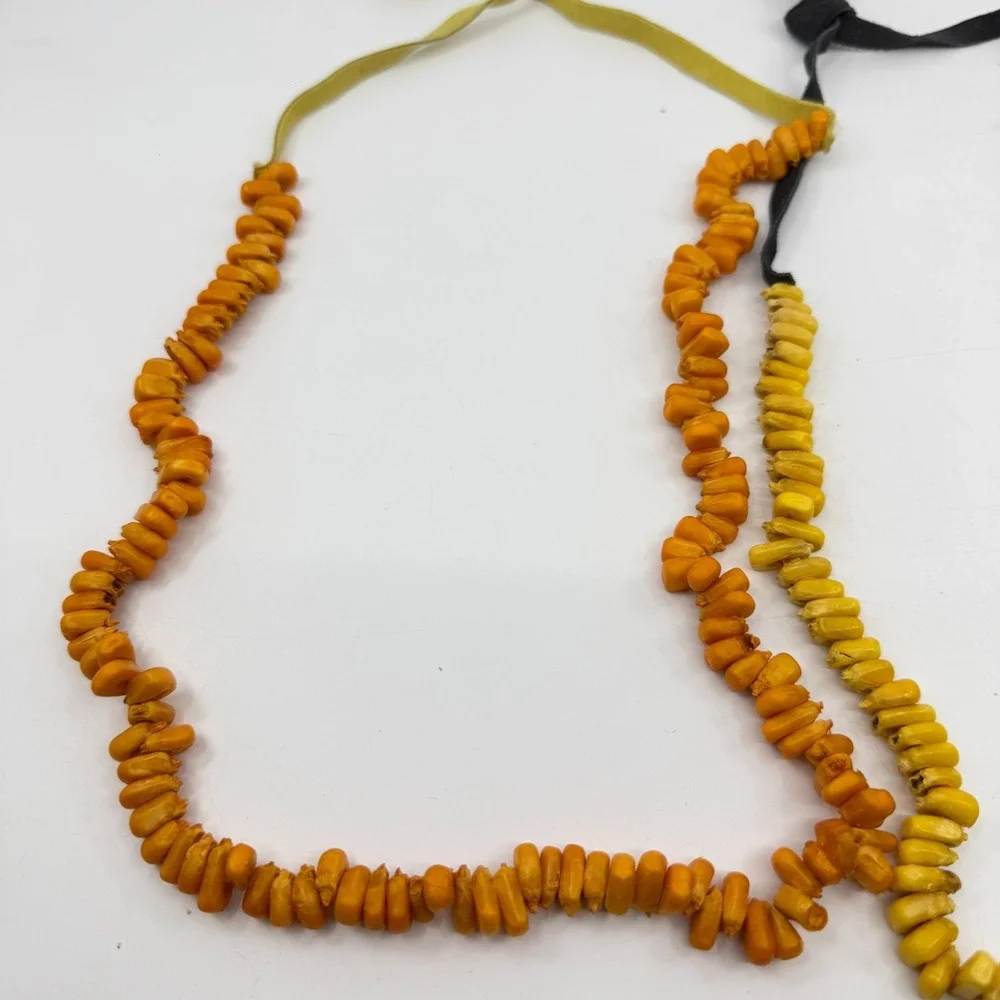 Necklace Lot 3 Vintage Boho Statement Chunky Bead Ribbon Tie Orange Yellow Green